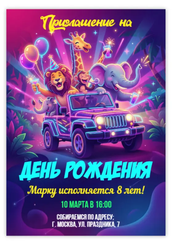 Приглашение на день рождения с забавными животными в джипе
