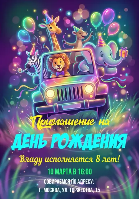 Приглашение на детский день рождения с животными на джипе