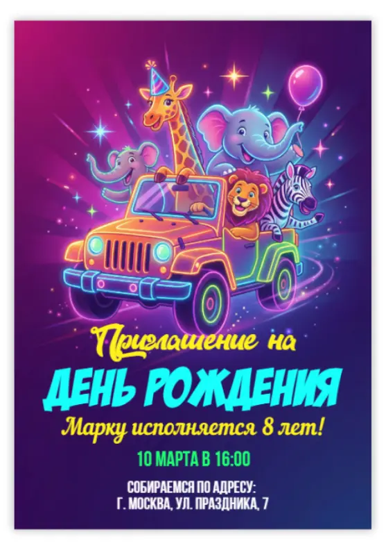 Приглашение на день рождения с яркими животными в джипе