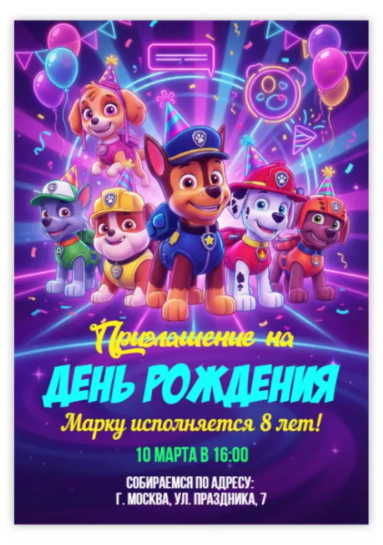 Приглашение на день рождения с щенячьим патрулем