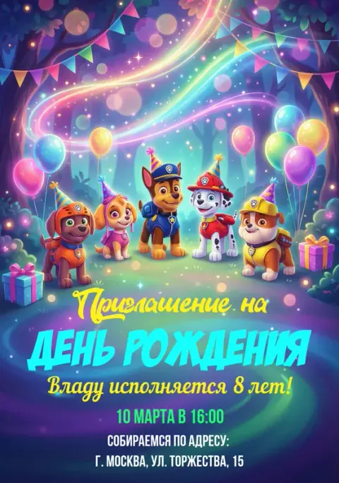 Приглашение на день рождения с веселыми щенками и радугой