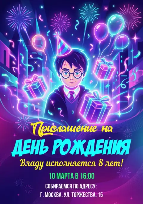 Приглашение на тематический день рождения в стиле неон