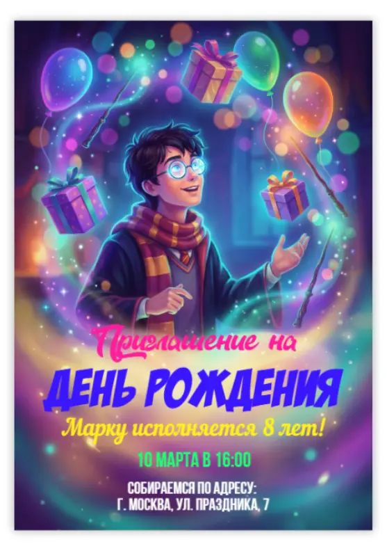 Приглашение на день рождения с волшебным мальчиком и подарками