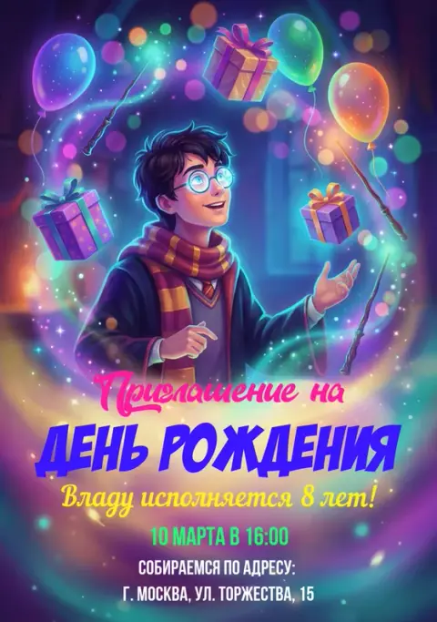 Приглашение на день рождения с волшебным мальчиком и подарками