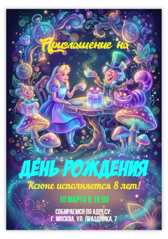 Приглашение на день рождения в волшебной стране чудес