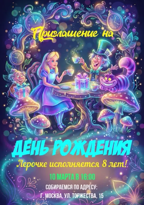 Приглашение на день рождения в волшебной стране чудес