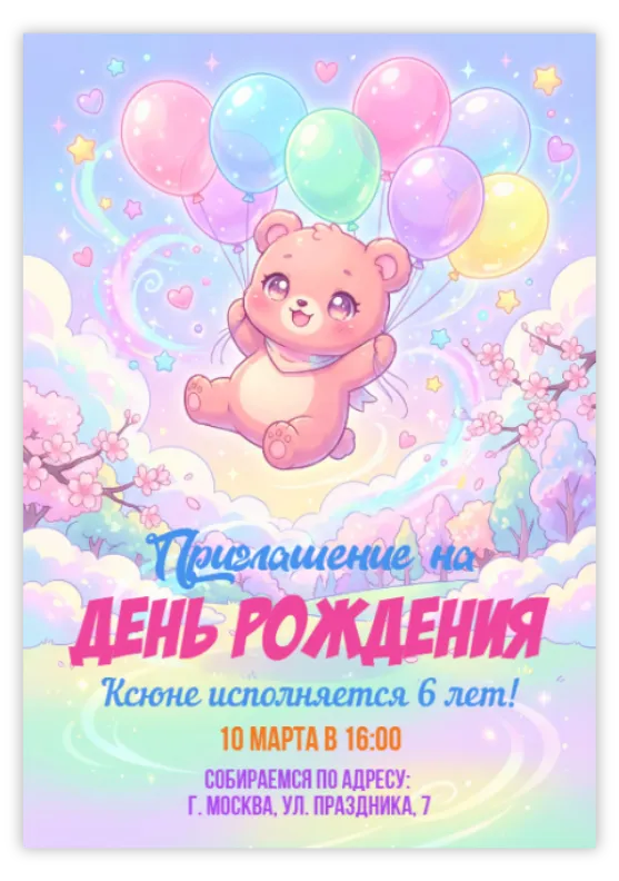 Приглашение на день рождения в стиле Каваи с мишкой и шарами
