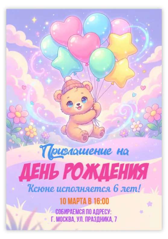 Приглашение на праздник с милым мишкой и шарами