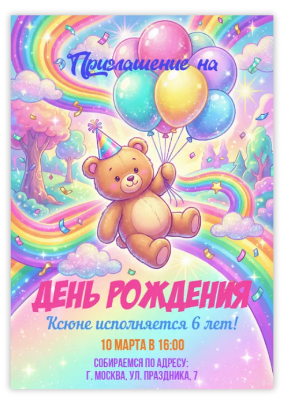 Приглашение на праздник с плюшевым мишкой и радугой