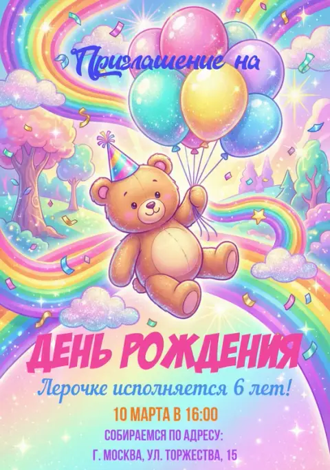 Приглашение на праздник с плюшевым мишкой и радугой