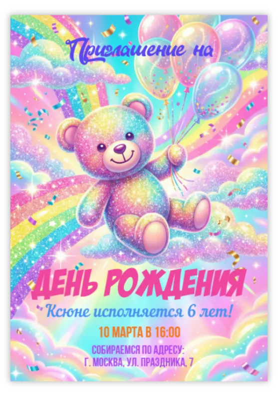 Приглашение на день рождения с радужным мишкой и блеском