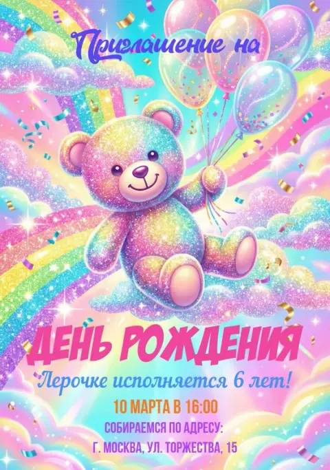 Приглашение на день рождения с радужным мишкой и блеском