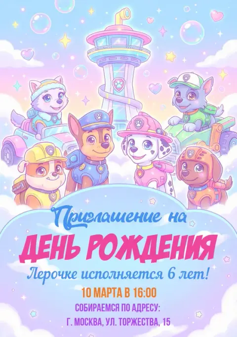 Приглашение на день рождения в небесных тонах