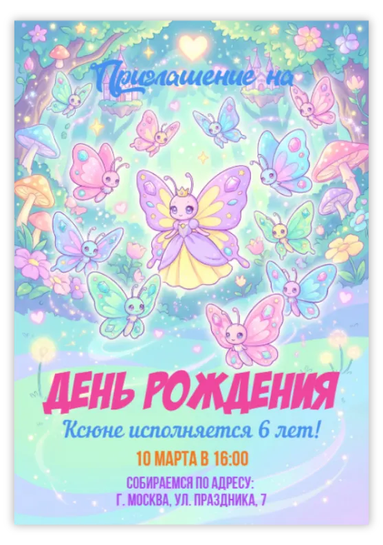 Приглашение на день рождения с милыми бабочками в сказочном лесу