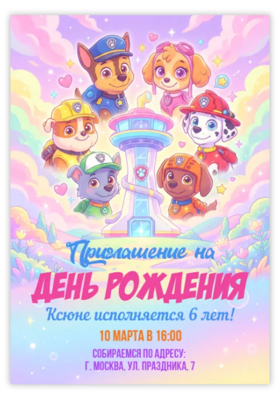 Приглашение на день рождения с командами щенков