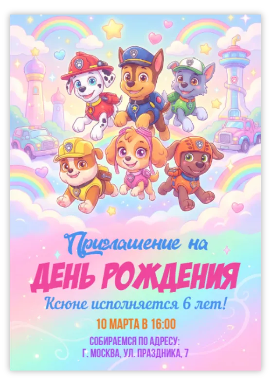 Приглашение на день рождения с милыми щенками и радугой