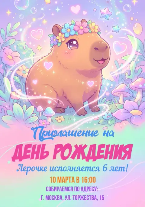 Приглашение на день рождения с милой капибарой и цветами