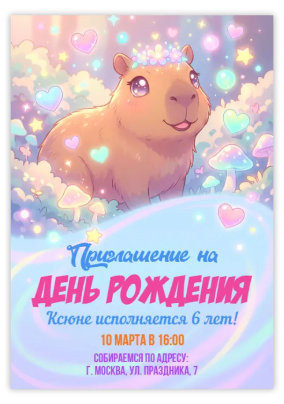 Приглашение на день рождения с милой капибарой в облаках