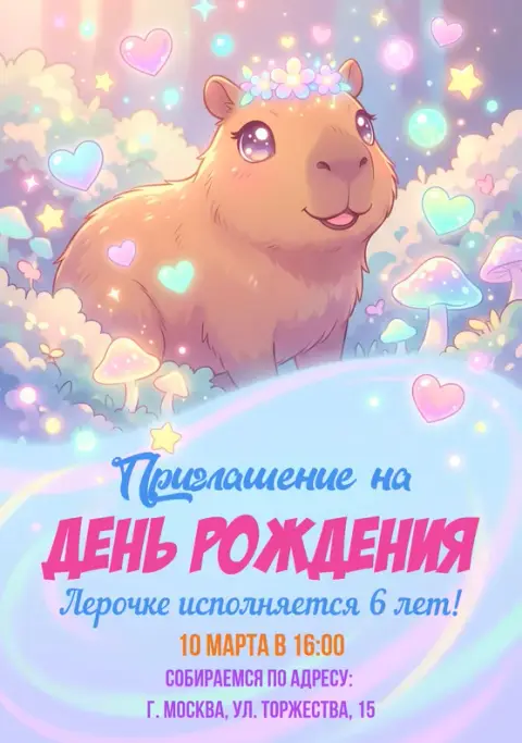 Приглашение на день рождения с милой капибарой в облаках