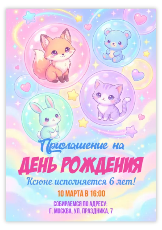 Приглашение на день рождения с милыми зверюшками в облаках