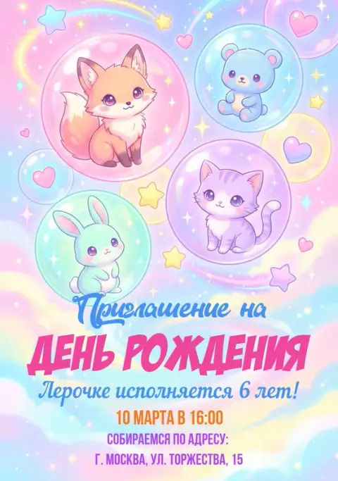 Приглашение на день рождения с милыми зверюшками в облаках