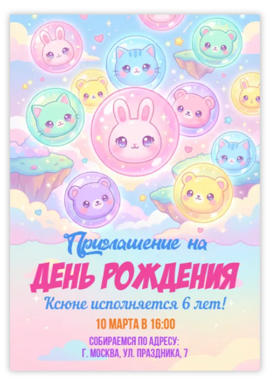 Приглашение на день рождения с милыми зверями в шарах