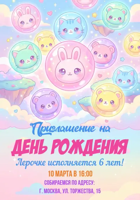 Приглашение на день рождения с милыми зверями в шарах