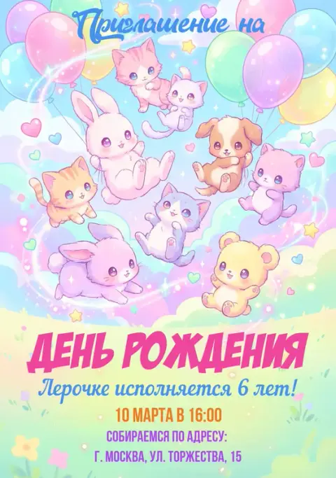 Приглашение на детский день рождения с милыми зверюшками
