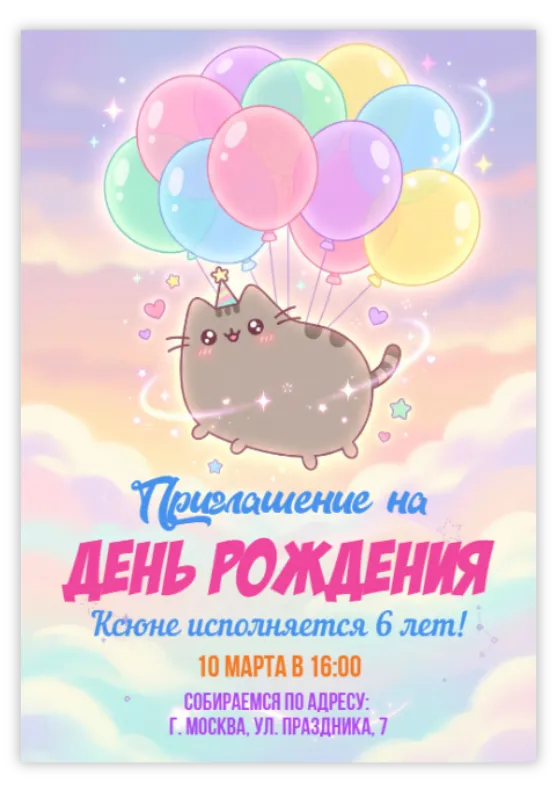 Приглашение на день рождения с милым котиком и шарами