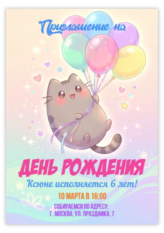 Приглашение на день рождения с милым котиком в небе