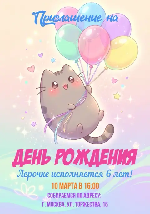 Приглашение на день рождения с милым котиком в небе