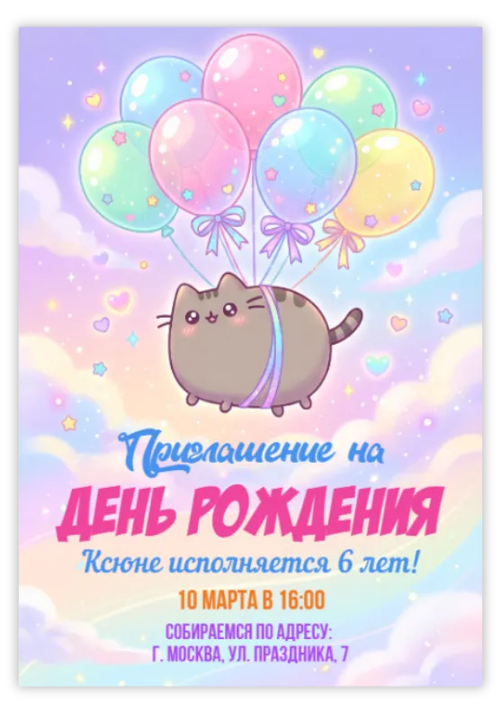Приглашение на день рождения с милым котом и облаками