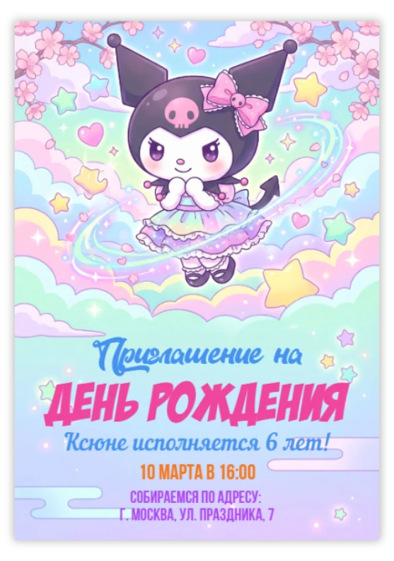 Приглашение на день рождения в стиле Куроми с радужным платьем