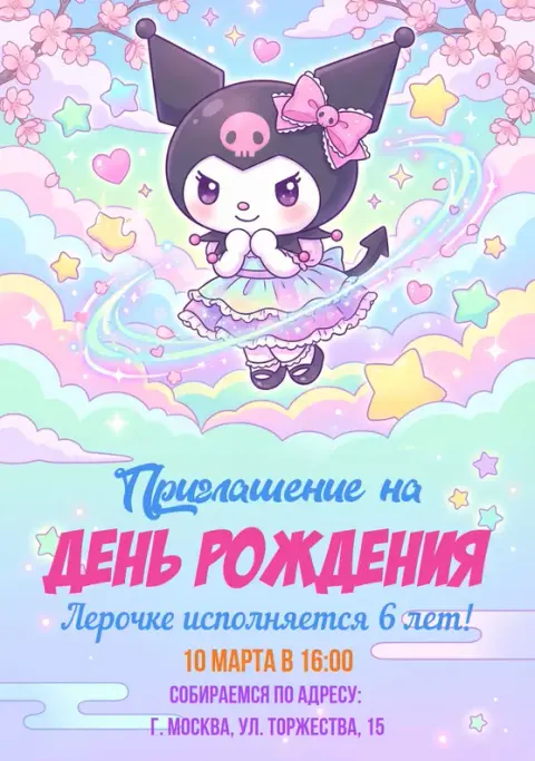 Приглашение на день рождения в стиле Куроми с радужным платьем