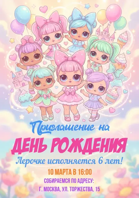 Приглашение на день рождения с куклами LOL и замком