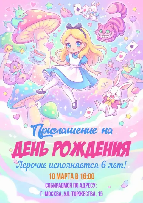 Приглашение на день рождения в стиле Алисы в стране чудес