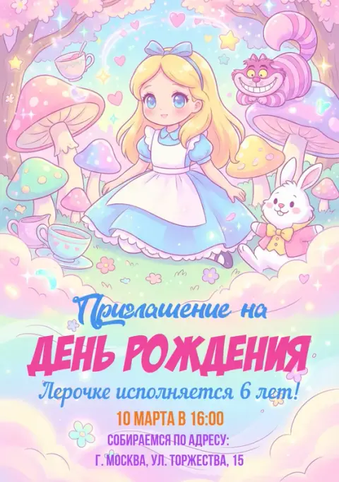 Приглашение на день рождения в стране чудес с Алисой