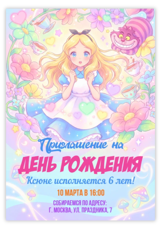 Приглашение на праздник в стиле Алисы: нежный мир чудес