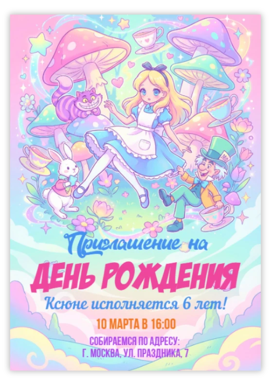 Приглашение на детский день рождения в стиле Страны Чудес
