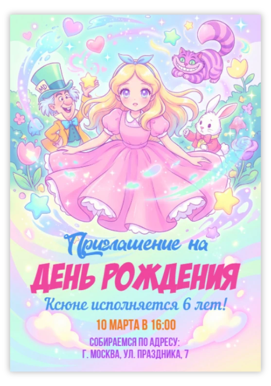 Приглашение на день рождения в стиле Аниме Страна чудес
