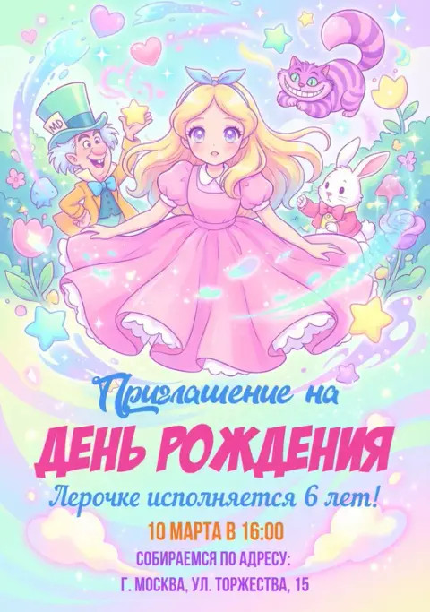 Приглашение на день рождения в стиле Аниме Страна чудес