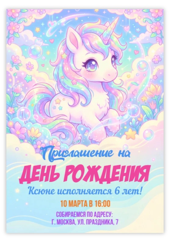 Приглашение на День Рождения с радужным единорогом и цветами