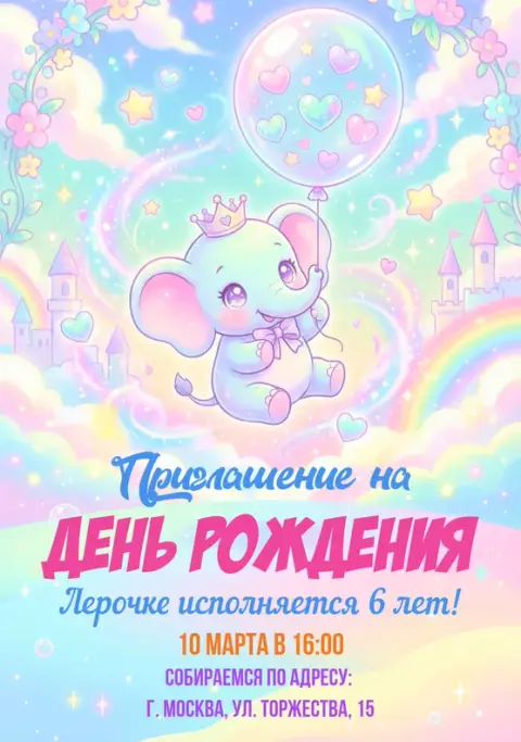 Приглашение на день рождения слоненка с радугой и облаками