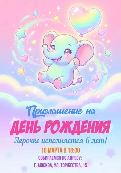 Приглашение на день рождения с милым слоненком и радужным сердцем