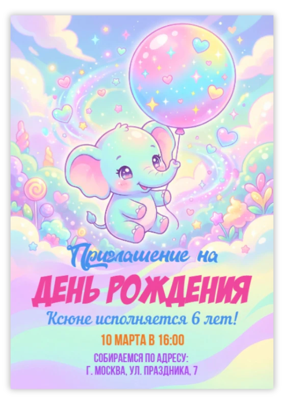 Приглашение на день рождения с милым слоненком и радужным шаром