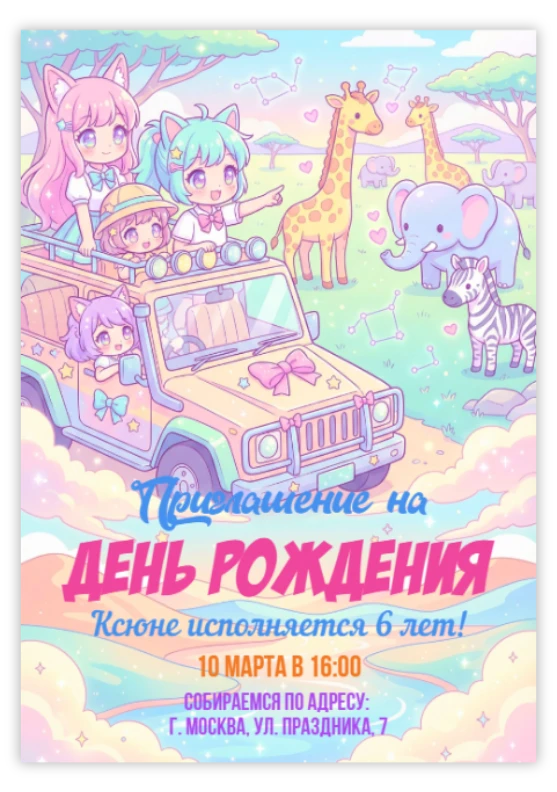 Приглашение на день рождения в стиле каваи