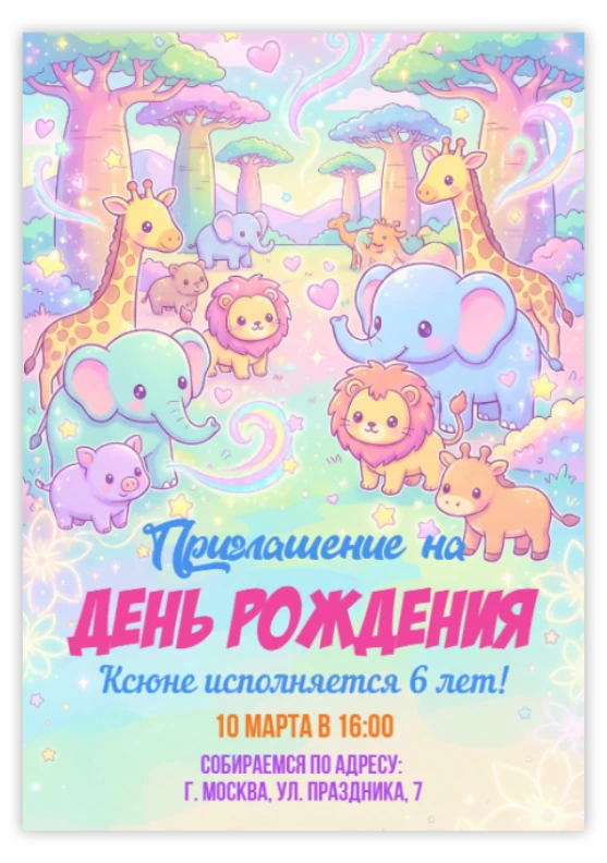 Приглашение на праздник с милыми животными саванны