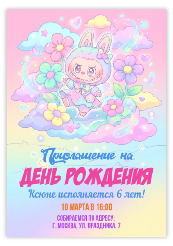 Приглашение на день рождения с милым кроликом в облаках