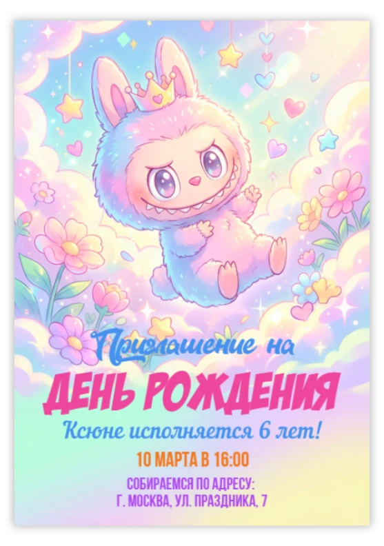 Приглашение на день рождения с милым пушистым персонажем в короне