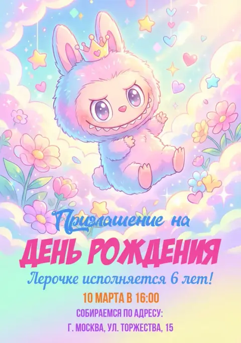 Приглашение на день рождения с милым пушистым персонажем в короне
